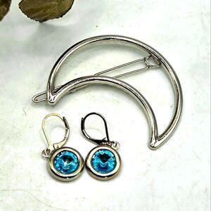 "5/$25" Half Moon Hair Barette And Blue Rhinestone Dangle Earrings Silver Tone